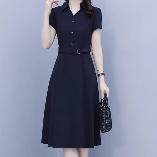 Solid Color High Waist Polo Collar Belted Midi Dress - Blue image