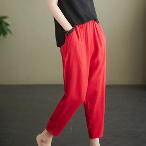 Side Pockets Loose Fit Elastic Cropped Trouser Pants - Red