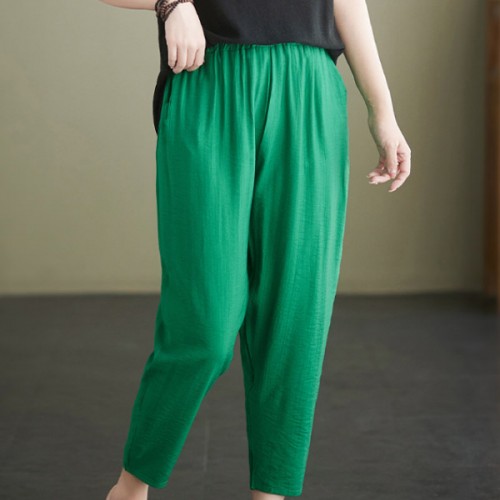 Side Pockets Loose Fit Elastic Cropped Trouser Pants - Green image