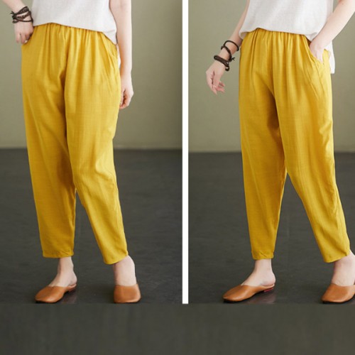 Side Pockets Loose Fit Elastic Cropped Trouser Pants - Yellow image