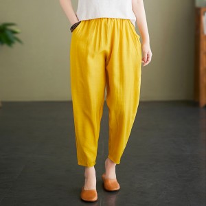Side Pockets Loose Fit Elastic Cropped Trouser Pants - Yellow