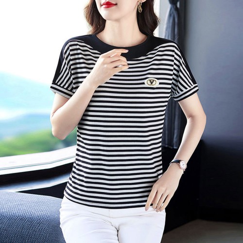 Beautiful Striped Style Round Neck Women T Shirt - Black image