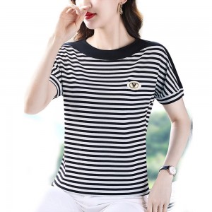 Beautiful Striped Style Round Neck Women T Shirt - Black