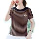 Beautiful Striped Style Round Neck Women T Shirt - Brown image