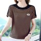 Beautiful Striped Style Round Neck Women T Shirt - Brown image