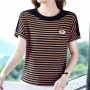 Beautiful Striped Style Round Neck Women T Shirt - Brown