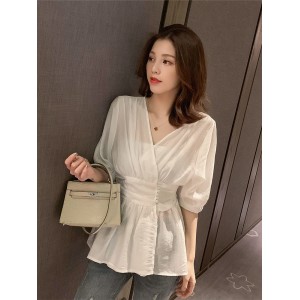 Elegant White V-Neck Blouse with Cinched Waist