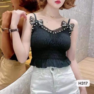 Fashion-Forward Black Ruffled Top with Pearls
