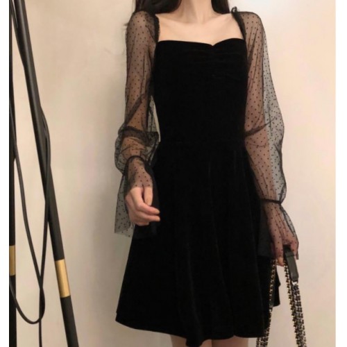 New Korean Women Black Color Square Neck Sexy Lace Long Sleeve Dress image
