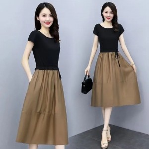 Women Short Sleeve Elegant A-Line High Waist Dress - Brown