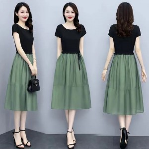 Women Short Sleeve Elegant A-Line High Waist Dress - Green