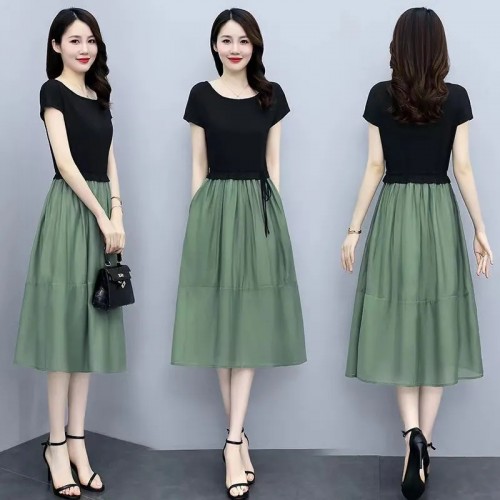 Women Short Sleeve Elegant A-Line High Waist Dress - Green image