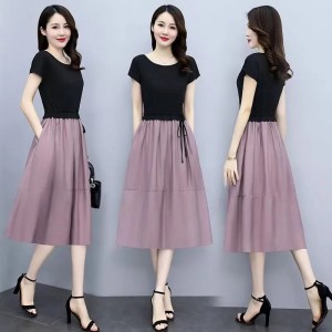 Women Short Sleeve Elegant A-Line High Waist Dress - Pink