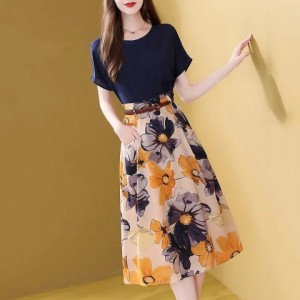 Flower Print Skirt Dress with Dark Blue Upper