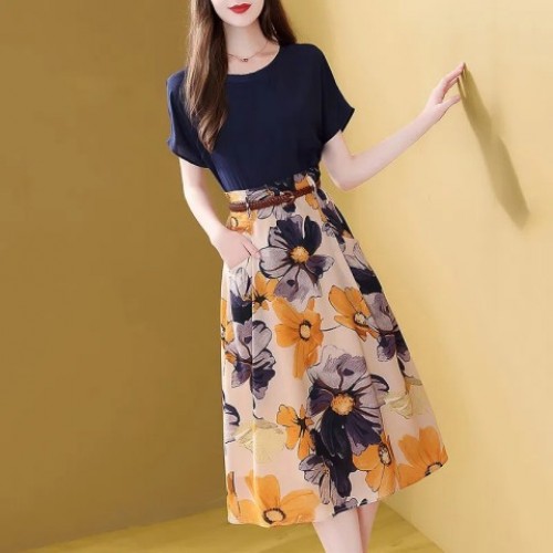 Flower Print Skirt Dress with Dark Blue Upper image