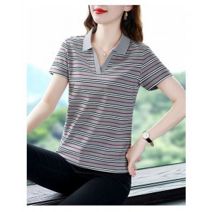 Women Classic Striped Polo T-Shirt with Contrast Collar - Grey