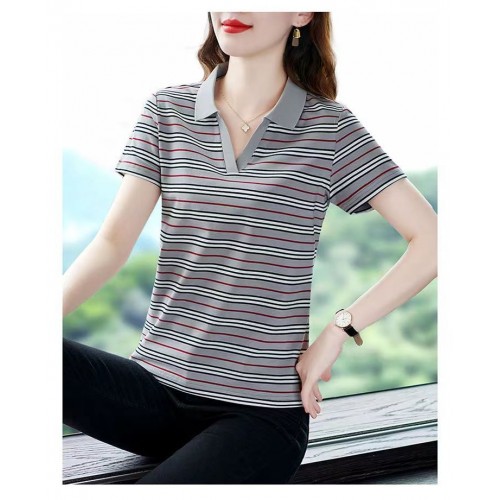 Women Classic Striped Polo T-Shirt with Contrast Collar - Grey image