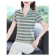 Women Classic Striped Polo T-Shirt with Contrast Collar - Green image