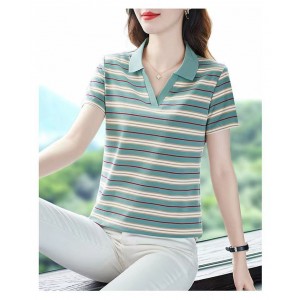 Women Classic Striped Polo T-Shirt with Contrast Collar - Green