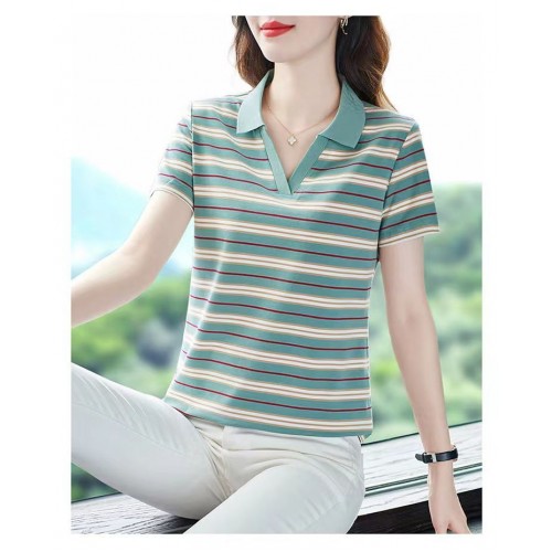 Women Classic Striped Polo T-Shirt with Contrast Collar - Green image