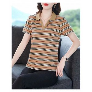 Women Classic Striped Polo T-Shirt with Contrast Collar - Brown