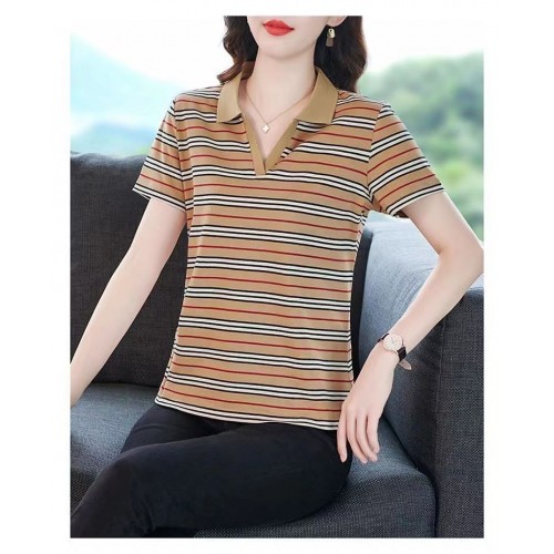 Women Classic Striped Polo T-Shirt with Contrast Collar - Brown image