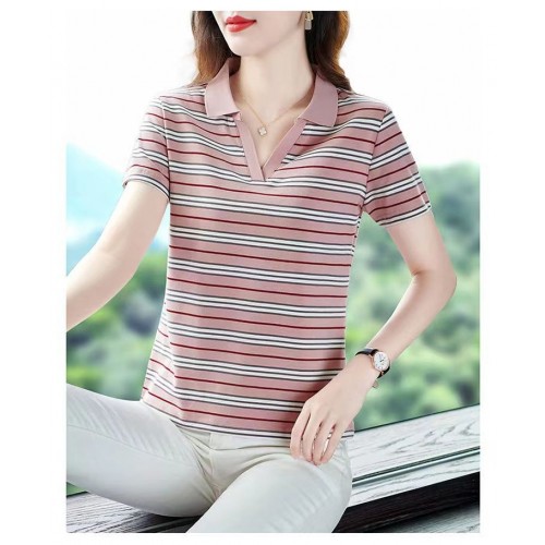 Women Classic Striped Polo T-Shirt with Contrast Collar - Pink image
