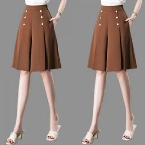 Knee Length Wide Leg High Waist Skirt - Brown