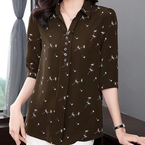 Elegant Button Spliced Lapel Collar Floral Printed Women Tops - Brown image