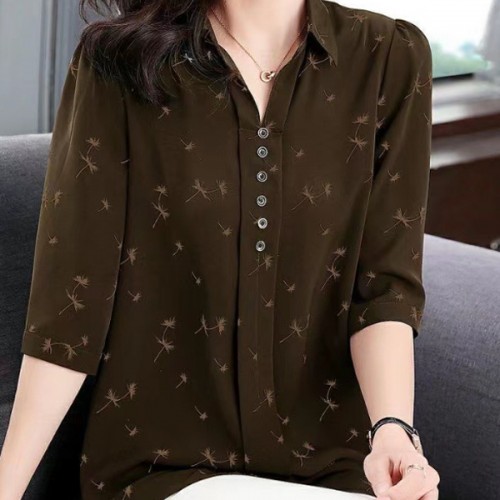 Elegant Button Spliced Lapel Collar Floral Printed Women Tops - Brown image