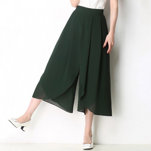 High-Waisted Casual Mesh Chiffon Wide-Leg Skirt - Green image