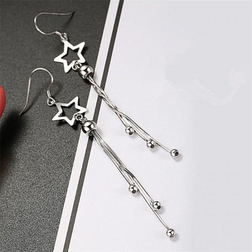 Women Sterling Silver Star Tassels Long Pendant Earrings image