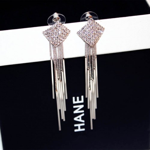 Diamonds Clover Long Chain Silver Tassel Earrings |image