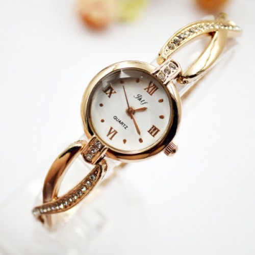 Golden Solid Strap Stainless Diamond Wrist Watch image