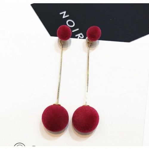Plush Ball With Gold Chain Red Stud Earrings image