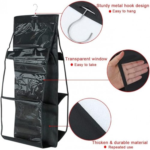 Alt: Double-Sided Six-Layer Hanging Storage Bag in use, optimizing closet space