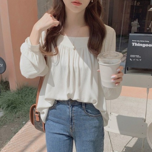 Leisure Style Square Collar Spaghetti Long Puff Sleeves Blouse Women Top - White |image