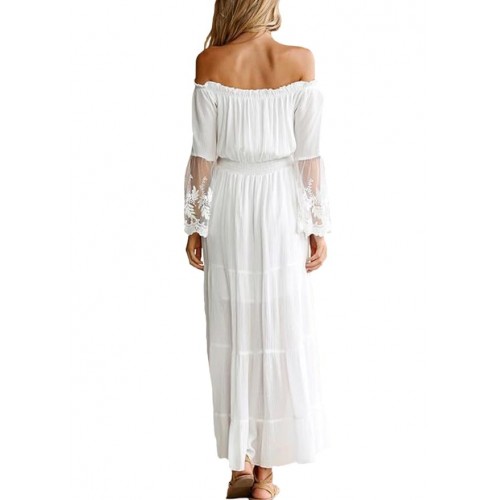 Sexy Women Maxi Long Dress - White, Off-The-Shoulder Lace Flare Sleeve Dress