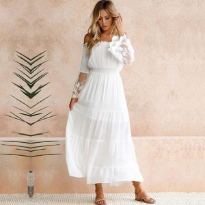 Sexy Women Maxi Long Dress Off The Shoulder Lace Flare Sleeve Elegant Evening Party Dress-White