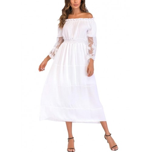 Sexy Women Maxi Long Dress - White, Off-The-Shoulder Lace Flare Sleeve Dress