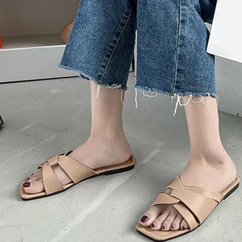 Elegant Style Cross Strap Flip Flop Slippers For Women - Brown image
