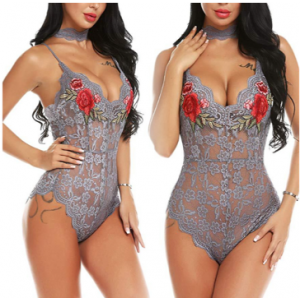 Teddy Lace V Neck Embroidery Rose Onesies Sheer Women Bodysuit - Grey