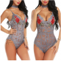 Teddy Lace V Neck Embroidery Rose Onesies Sheer Women Bodysuit - Grey