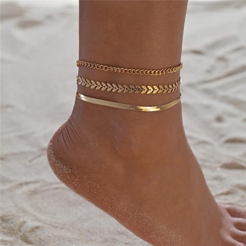 3 Pcs Set Gold Color Snake Chain Anklets For Women |image