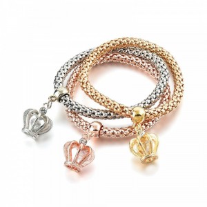 Tri-Color Crown Charm Bracelet Set