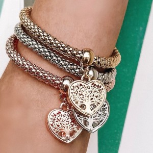 Tri-Color Bracelet With Heart & Tree Of Life Charms