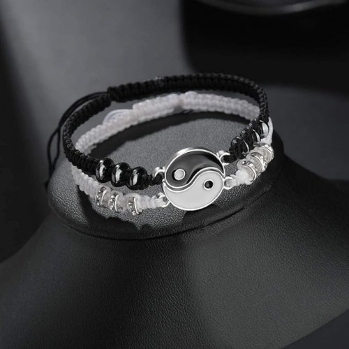 Black And White Yin Yang Charm Best Friend Bracelets-Silver image