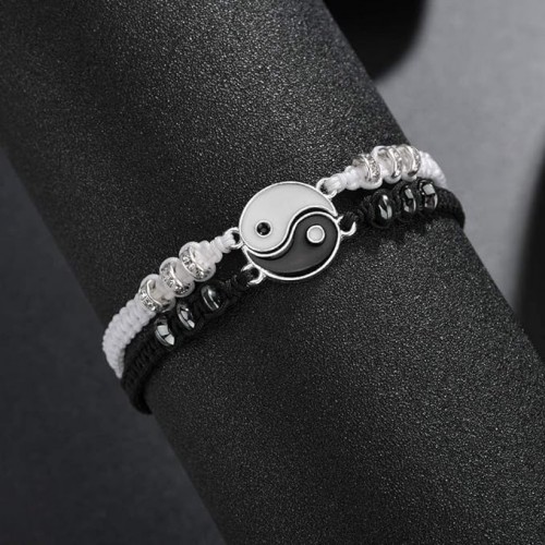 Black And White Yin Yang Charm Best Friend Bracelets-Silver image