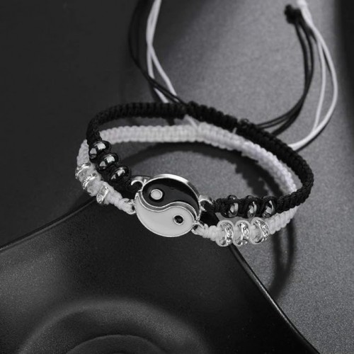 Black And White Yin Yang Charm Best Friend Bracelets-Silver image