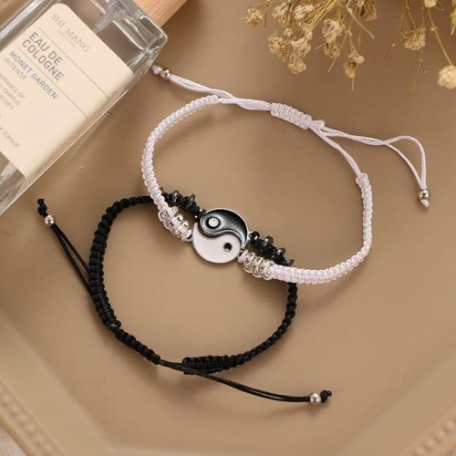 Black And White Yin Yang Charm Best Friend Bracelets-Silver image